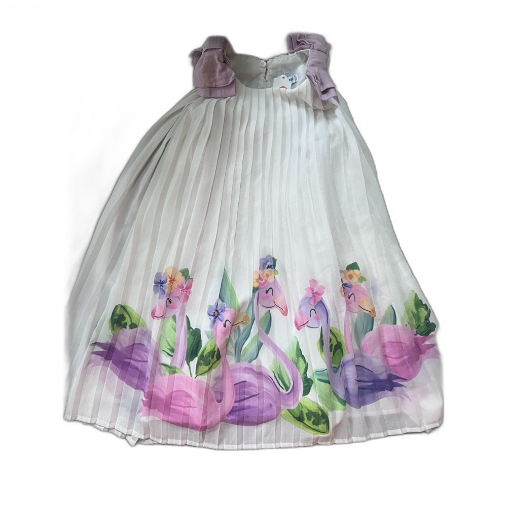 Mayoral White Pleated Dress Watercolor Flamingos 6
